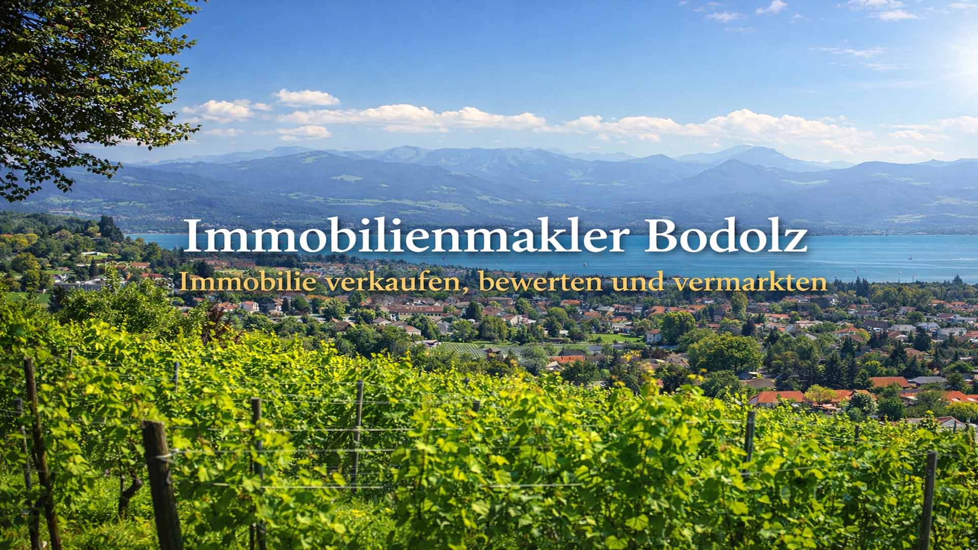 Panoramablick über Bodolz mit Weinbergen, Wohnhäusern, Bodensee und Alpen im Hintergrund sowie eingeblendeter Text zu Immobilienmakler Bodolz.