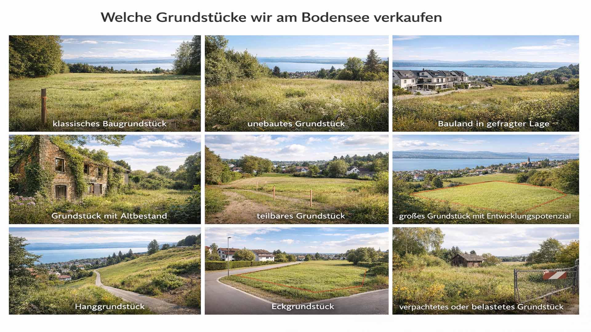 Bildcollage mit verschiedenen Grundstücksarten am Bodensee, darunter Baugrundstück, unbebautes Grundstück, Bauland in gefragter Lage, Grundstück mit Altbestand, teilbares Grundstück, großes Grundstück mit Entwicklungspotenzial, Hanggrundstück, Eckgrundstück sowie verpachtetes oder belastetes Grundstück