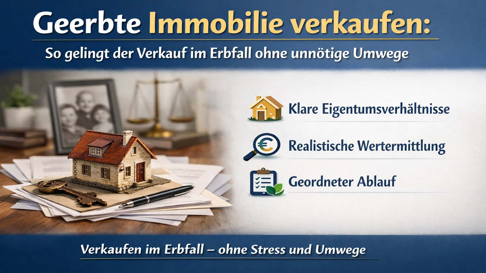 Beitragsbild zum Verkauf einer geerbten Immobilie im Erbfall mit Hausmodell, Unterlagen, Schlüssel und den Hinweisen klare Eigentumsverhältnisse, realistische Wertermittlung und geordneter Ablauf.