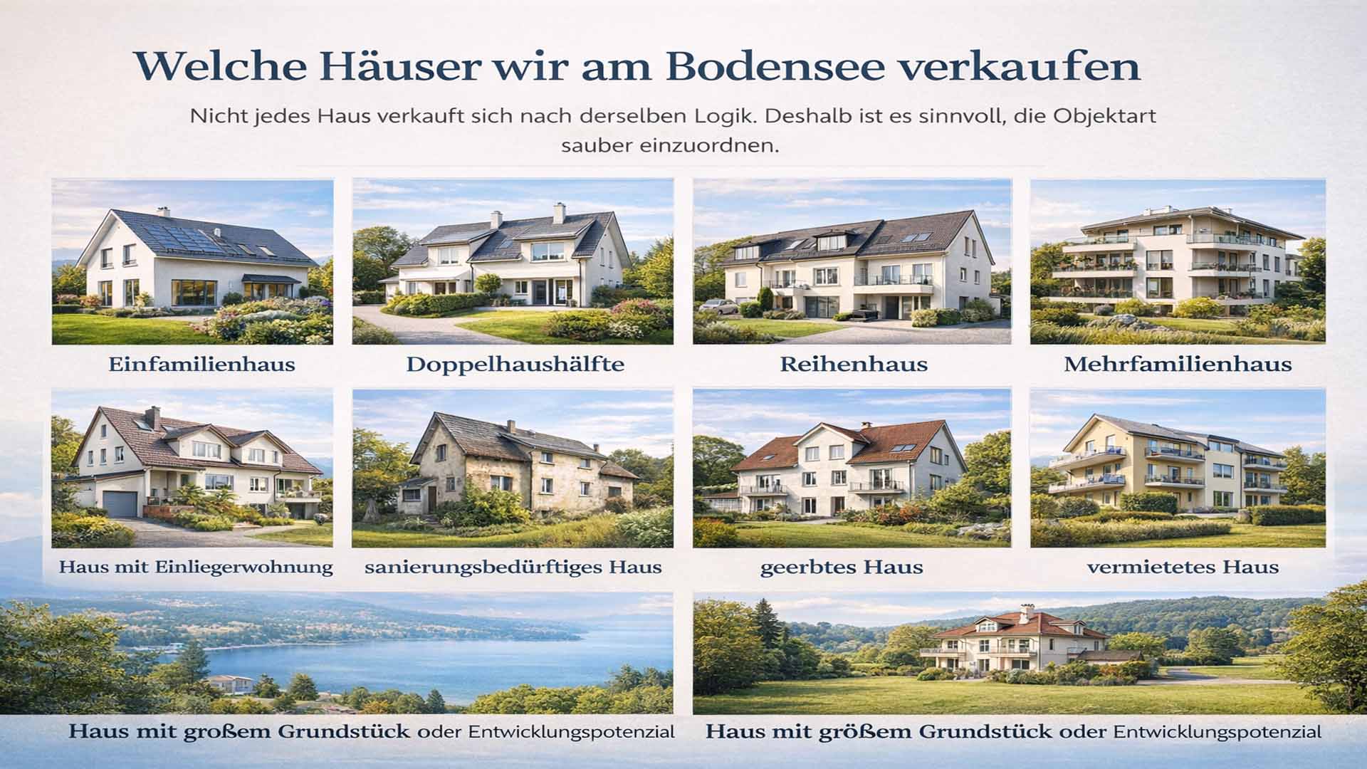 Übersichtsgrafik mit verschiedenen Haustypen am Bodensee, darunter Einfamilienhaus, Doppelhaushälfte, Reihenhaus, Mehrfamilienhaus, Haus mit Einliegerwohnung, sanierungsbedürftiges, geerbtes und vermietetes Haus sowie Haus mit großem Grundstück oder Entwicklungspotenzial