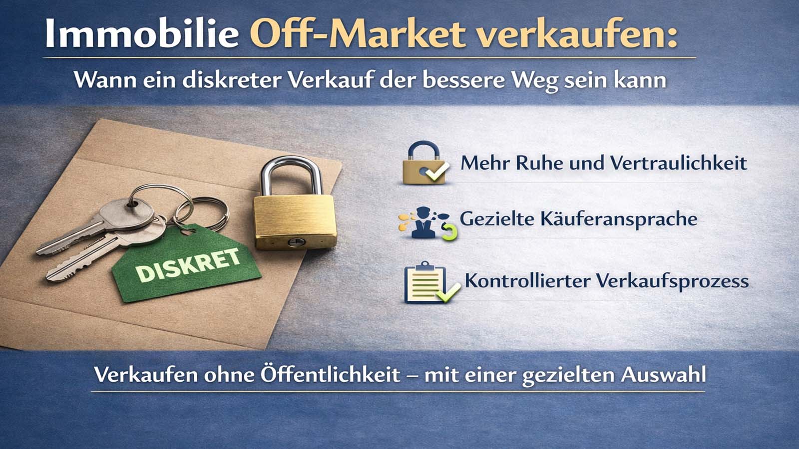 Beitragsbild zum diskreten Immobilienverkauf mit Schlüsseln, Vorhängeschloss und den Hinweisen mehr Ruhe und Vertraulichkeit, gezielte Käuferansprache und kontrollierter Verkaufsprozess.