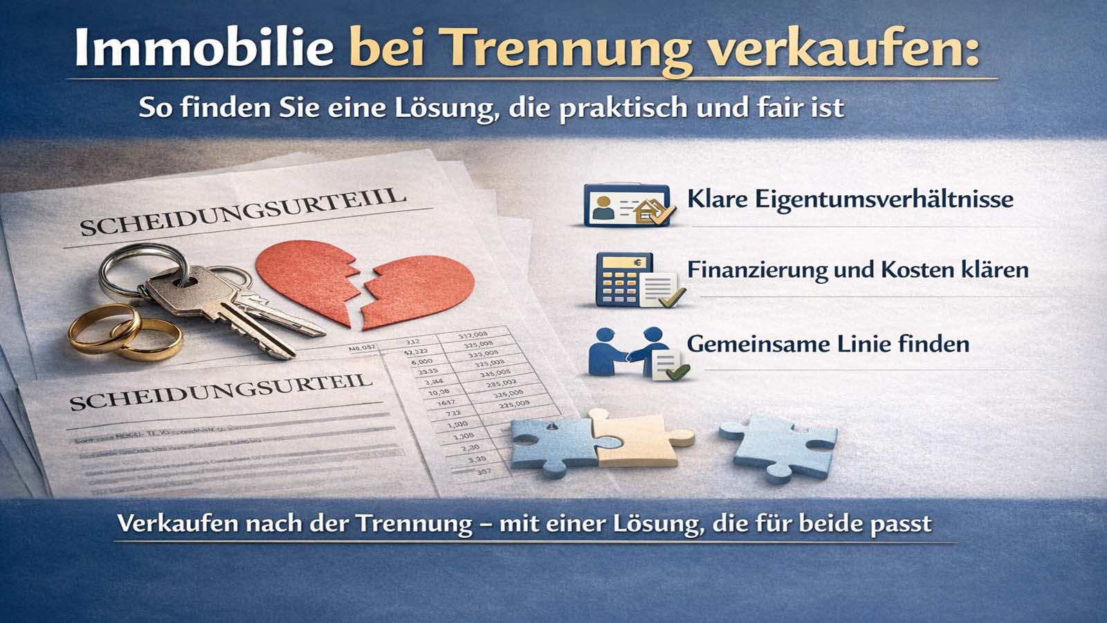 Beitragsbild zum Immobilienverkauf bei Trennung mit Schlüsseln, Ringen, Unterlagen und den Hinweisen klare Eigentumsverhältnisse, Finanzierung und Kosten klären sowie gemeinsame Linie finden.