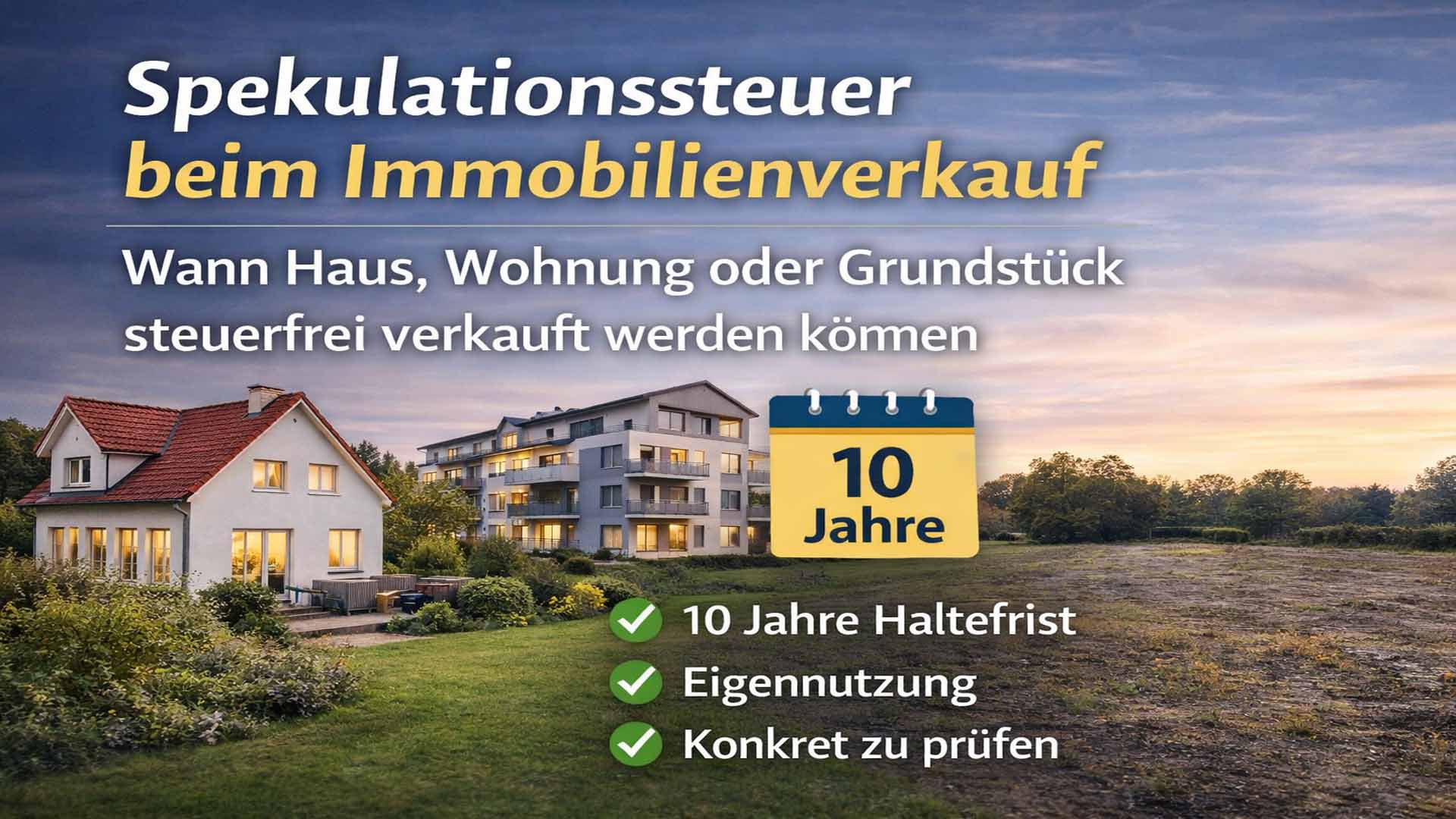 Beitragsbild im Querformat zur Spekulationssteuer beim Immobilienverkauf mit Einfamilienhaus, Wohnanlage, Grundstück und Kalender mit „10 Jahre“ sowie Hinweisen zu Haltefrist, Eigennutzung und steuerfreier Veräußerung.