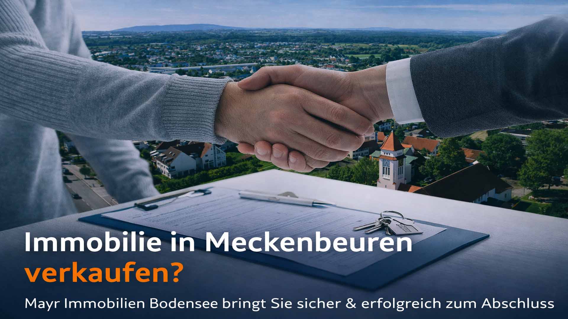 Modernes Beitragsbild zum Immobilienverkauf in Meckenbeuren mit Handschlag, Vertragsunterlagen und Blick über den Ort.