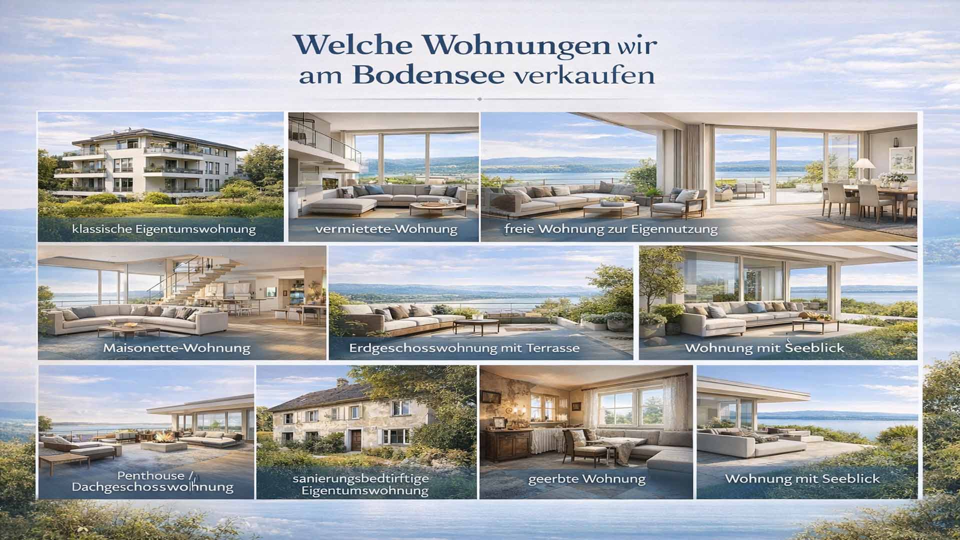 Professionelle Bildcollage mit verschiedenen Wohnungsarten am Bodensee, darunter Eigentumswohnung, vermietete Wohnung, Maisonette, Erdgeschosswohnung mit Terrasse, Penthouse, sanierungsbedürftige und geerbte Wohnung sowie Wohnungen mit Seeblick