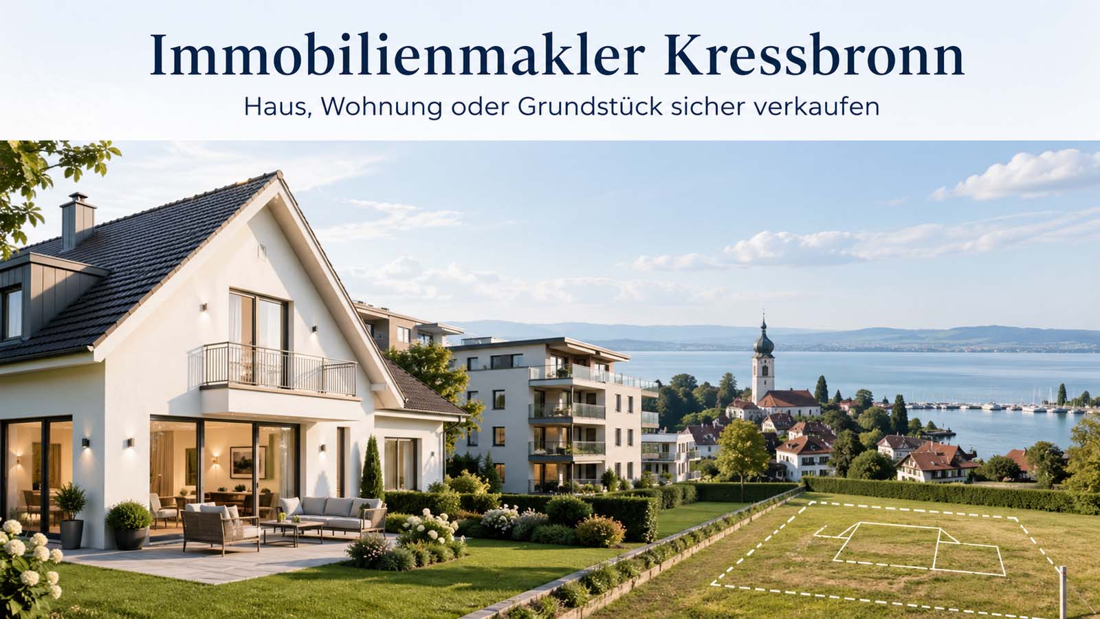 Beitragsbild mit modernem Haus, Mehrfamilienhaus und Baugrundstück in Kressbronn am Bodensee mit Blick auf See, Ort und Kirche.