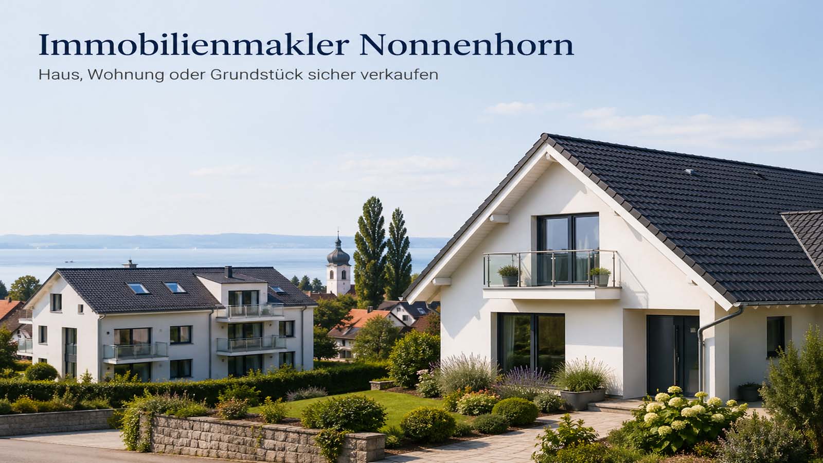 Modernes Wohnhaus und Mehrfamilienhaus in Nonnenhorn mit Blick auf den Bodensee und die Kirche im Hintergrund – Beitragsbild zum sicheren Immobilienverkauf mit Makler.