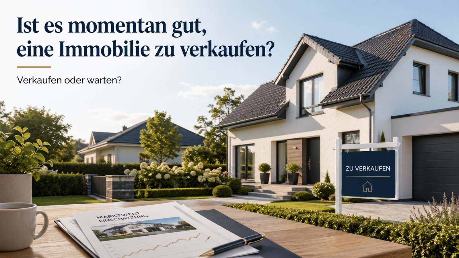 Modernes Einfamilienhaus mit Verkaufsschild und Unterlagen zur Marktwerteinschätzung als Beitragsbild zur Frage, ob aktuell ein guter Zeitpunkt für den Immobilienverkauf ist.