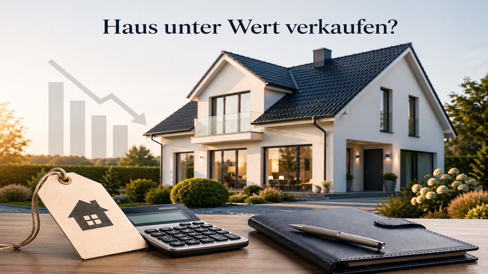 Beitragsbild mit modernem Einfamilienhaus, Taschenrechner, Unterlagen und fallender Preisgrafik zum Thema Hausverkauf unter Marktwert.