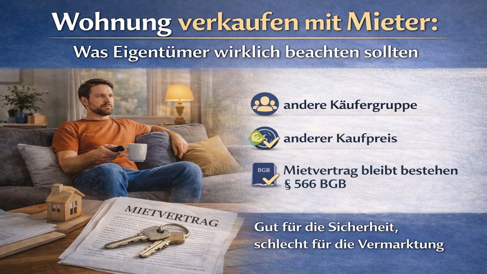 Beitragsbild zum Verkauf einer vermieteten Wohnung mit Mieter auf dem Sofa, Mietvertrag, Hausschlüsseln und den Hinweisen andere Käufergruppe, anderer Kaufpreis und Mietvertrag bleibt bestehen.