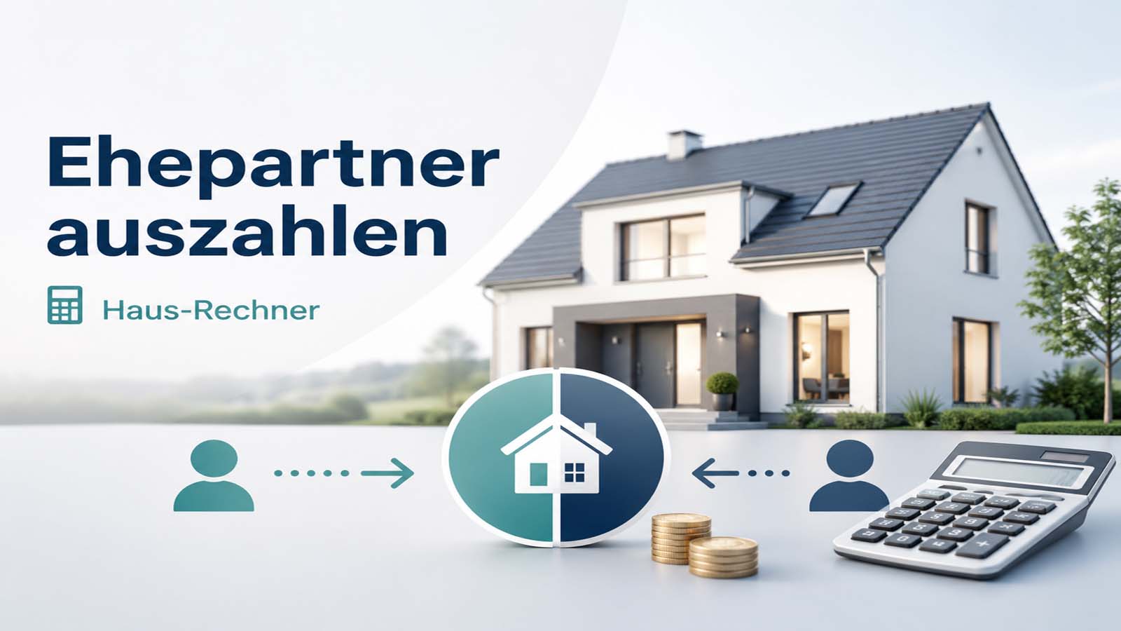 Beitragsbild zum Ehepartner auszahlen Haus Rechner mit Einfamilienhaus, Taschenrechner, Münzen und Symbolen zur Aufteilung des Immobilienwerts.