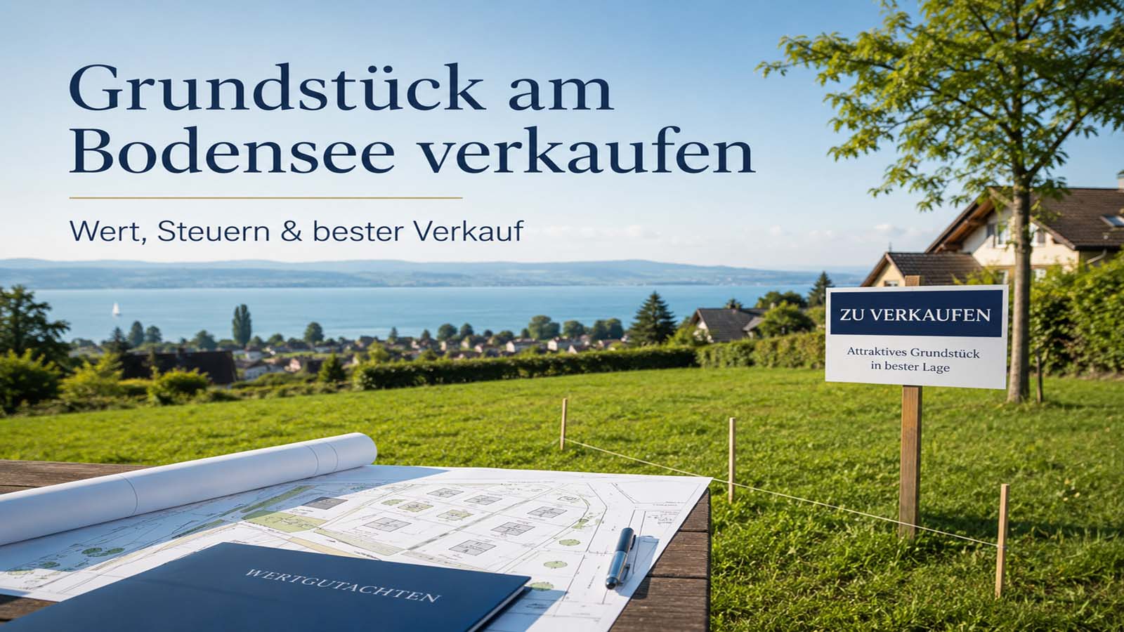 Baugrundstück am Bodensee mit Verkaufschild, Lageplan und Blick auf den See