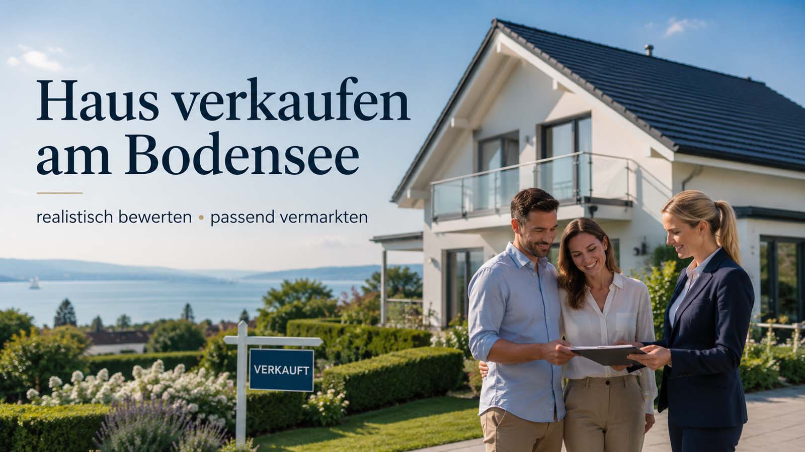 Modernes Haus mit Garten am Bodensee, verkauftes Schild und Beratungsgespräch mit Immobilienmaklerin beim Hausverkauf.