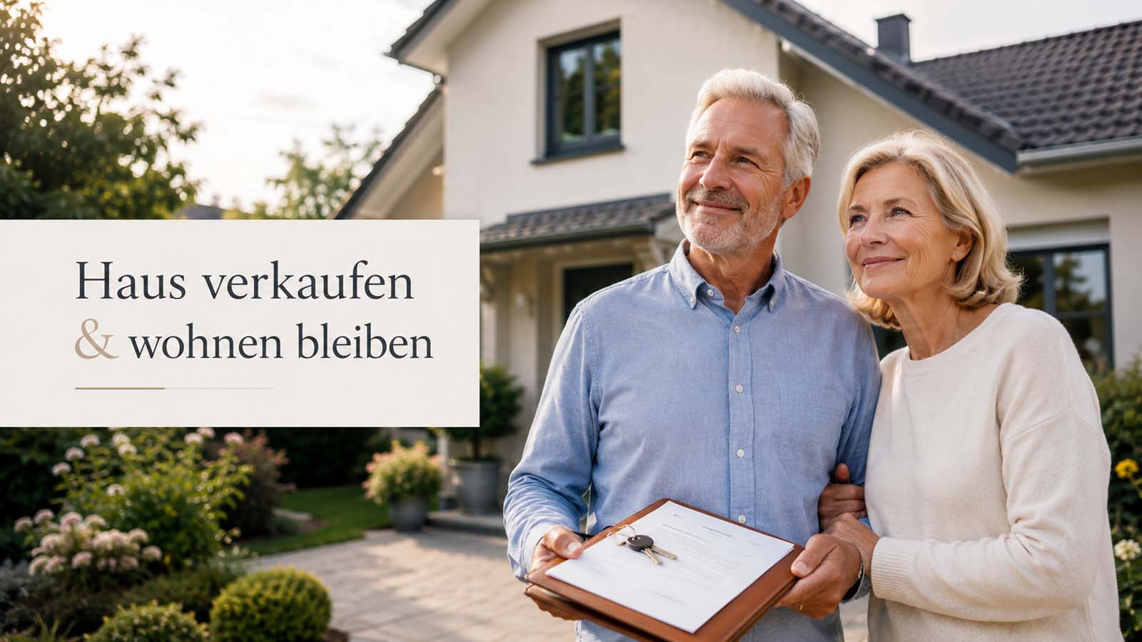 Älteres Paar steht mit Vertragsmappe und Hausschlüsseln vor dem eigenen Haus, dazu der Text „Haus verkaufen & wohnen bleiben“.
