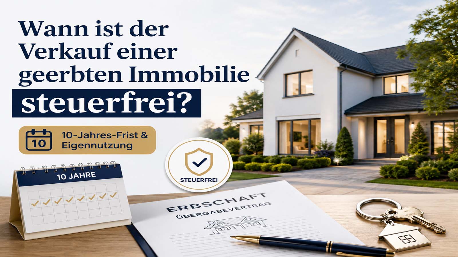 Beitragsbild mit Haus, Erbschaftsunterlagen, Kalender zur 10-Jahres-Frist und Hinweis auf steuerfreien Verkauf einer geerbten Immobilie.