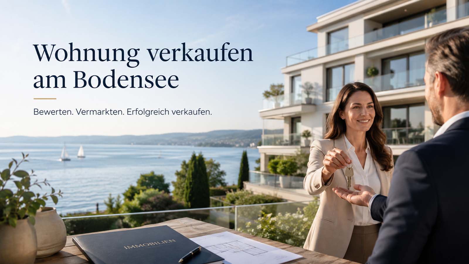 Moderne Wohnung am Bodensee mit Schlüsselübergabe und Blick auf den See, passend zum Thema Wohnung verkaufen am Bodensee.