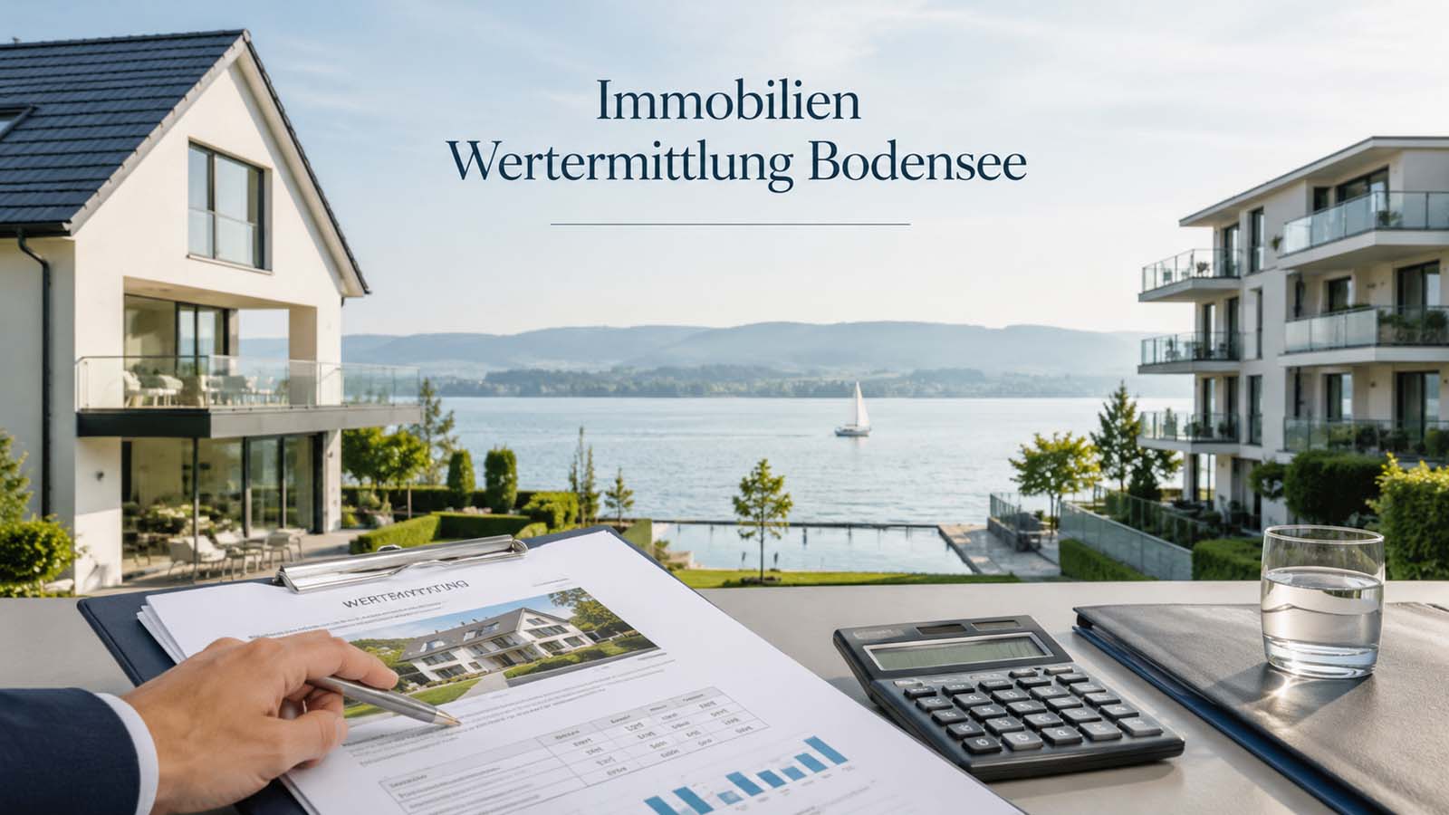 Immobilienbewertung am Bodensee mit modernen Häusern, Bewertungsunterlagen und Rechner vor Seeblick