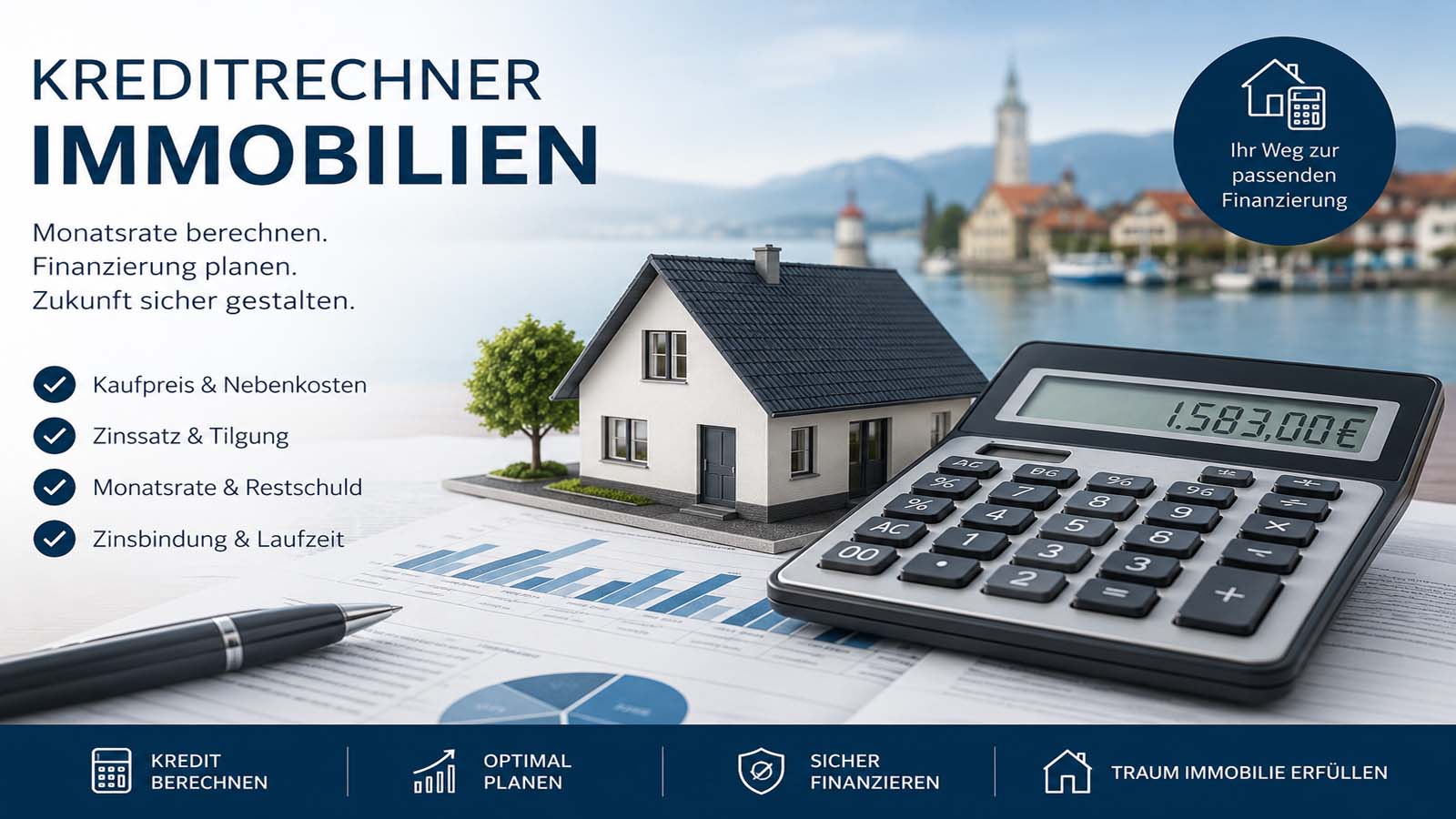 Beitragsbild mit Hausmodell, Taschenrechner und Finanzierungsunterlagen zum Immobilien-Kreditrechner am Bodensee