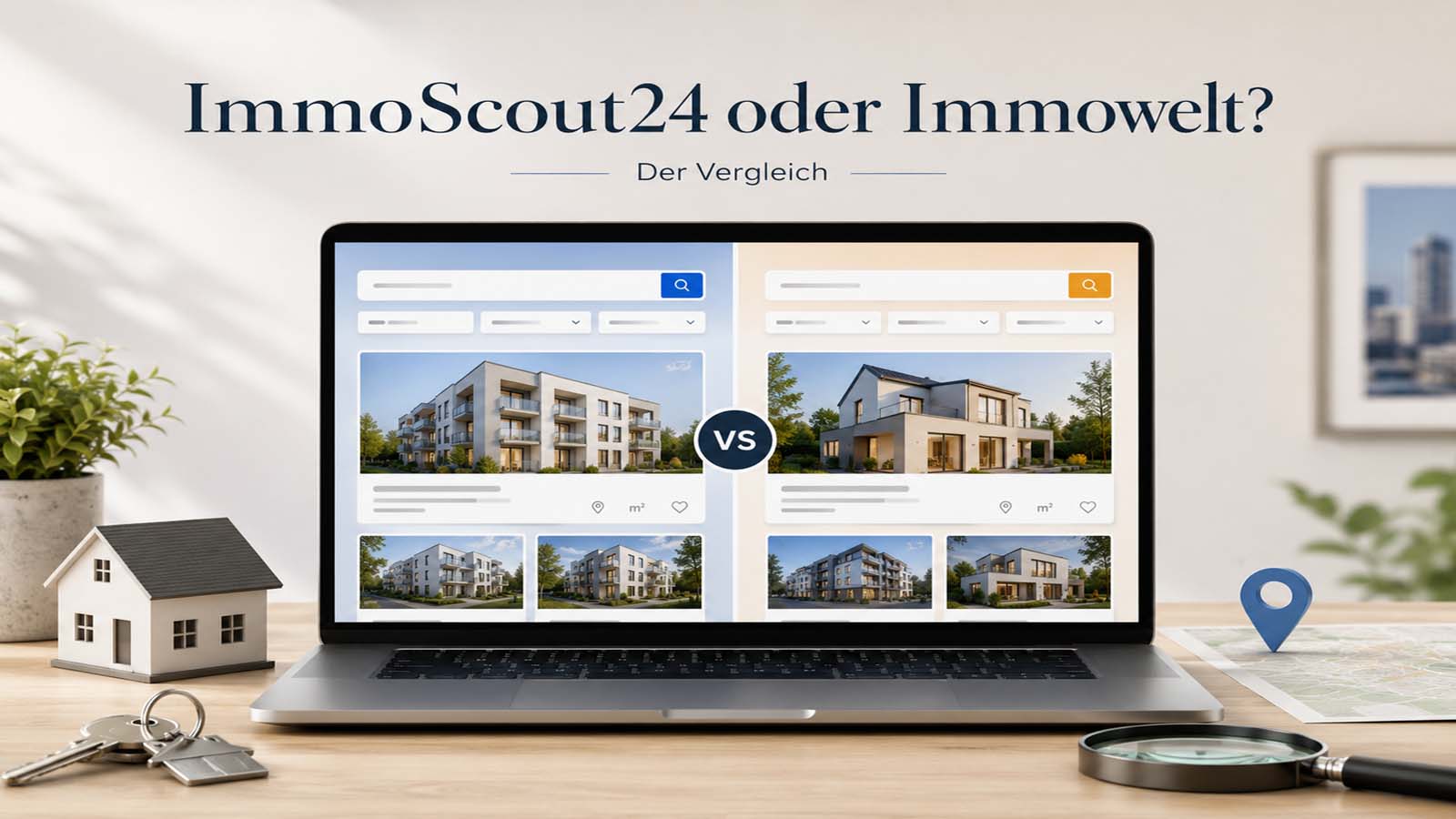 Laptop mit zwei Immobilienportalen im Vergleich, Hausmodell, Schlüssel, Karte und Lupe als Symbol für ImmoScout24 oder Immowelt.